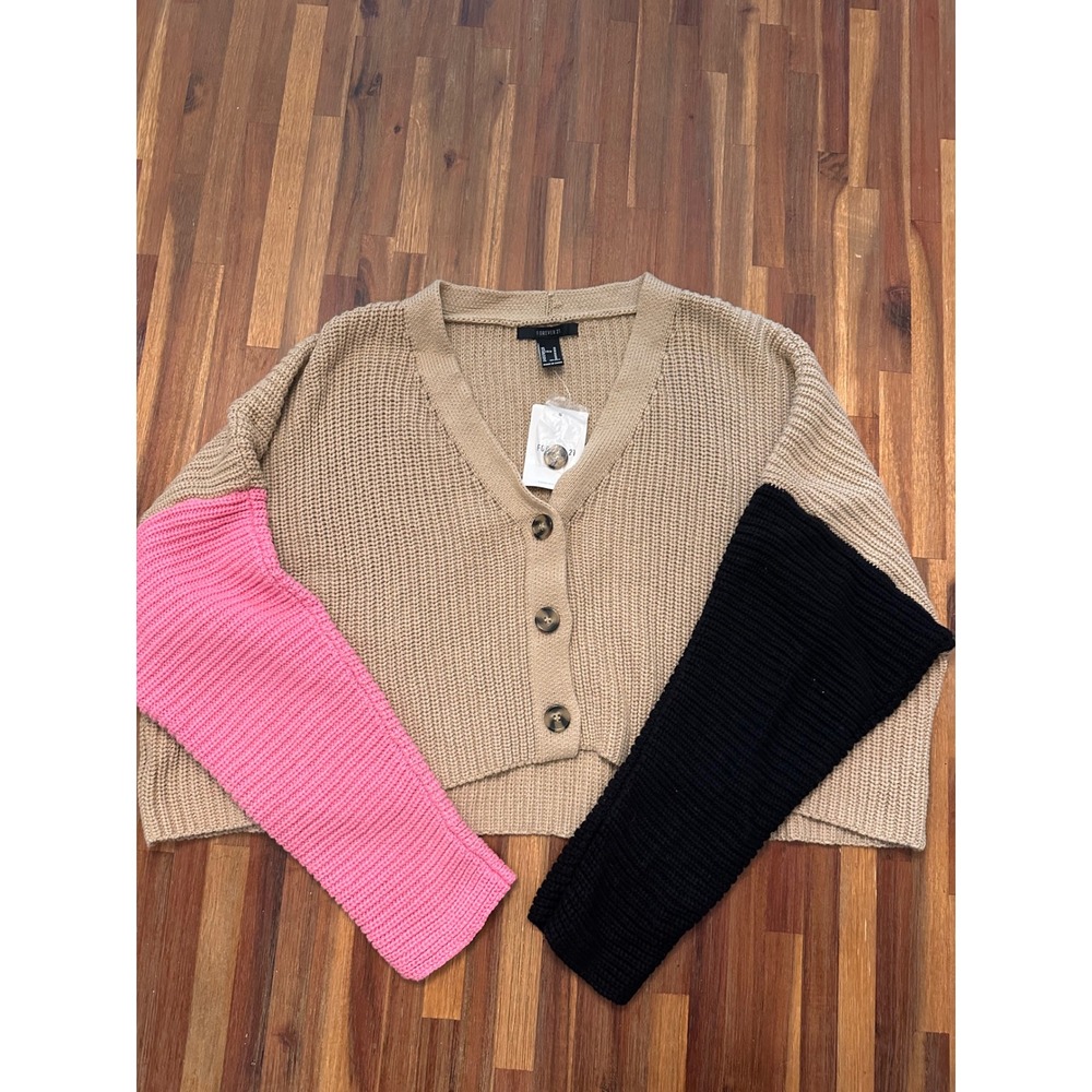 Forever 21 Cardigan Women Small Tan Pink Black NWT Colorblock Cropped Knit